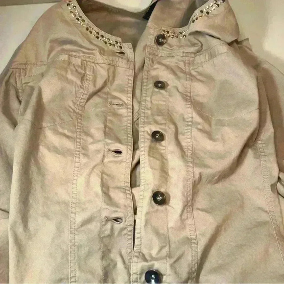 Lane Bryant Khaki Twill Jacket Size 28 Gold Silver Studs Button Front - Picture 11 of 13